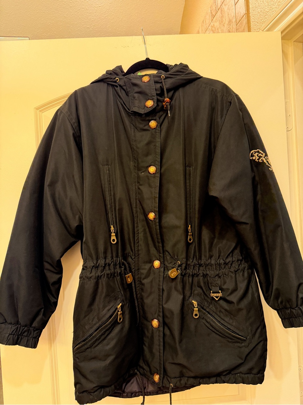 Vintage FERA skiwear hooded black  jacket - Gold Cross Stitch Embroidery size 8